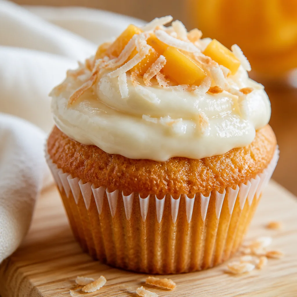Mango Coconut Heaven Cupcakes topped with whipped cream and coconut flakes.