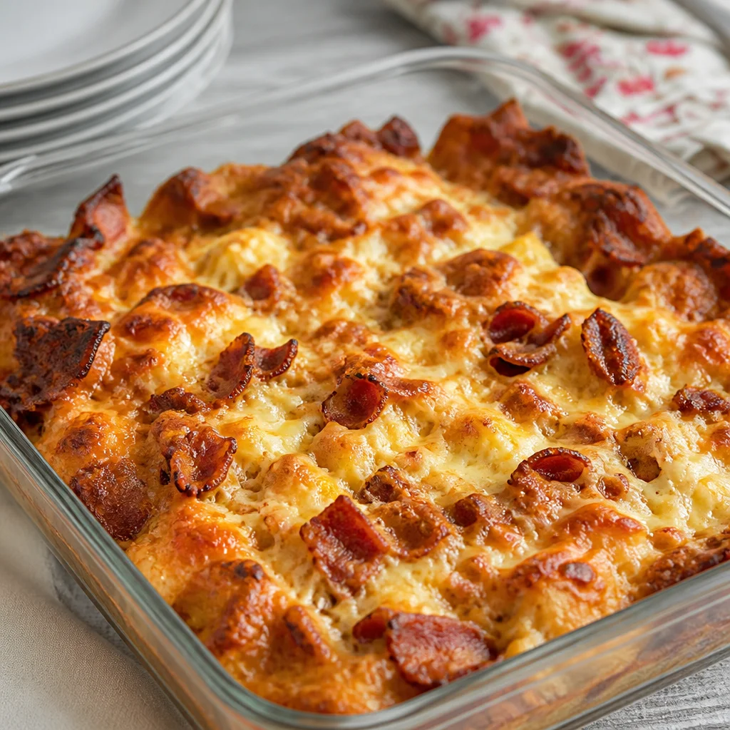Delicious Maple Bacon and Egg Breakfast Casserole with layers of bacon and eggs.