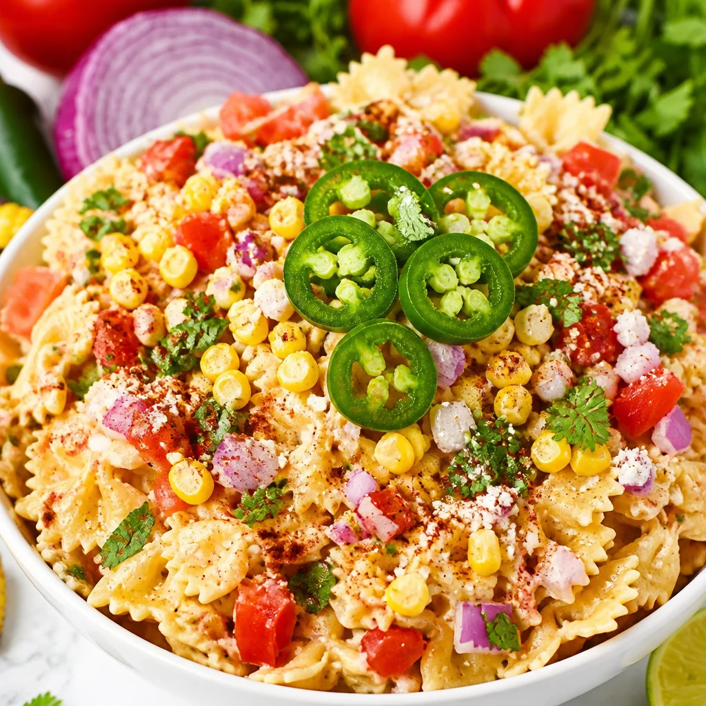 Mexican Street Corn Pasta Salad with fresh corn, cilantro, and creamy dressing.