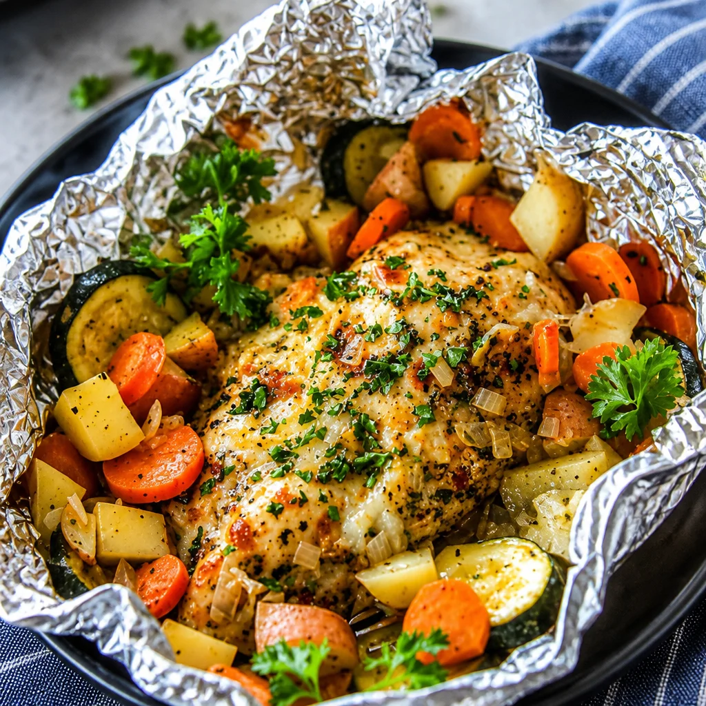 Mozzarella Chicken and Tomato Foil Packets with fresh ingredients and seasonings