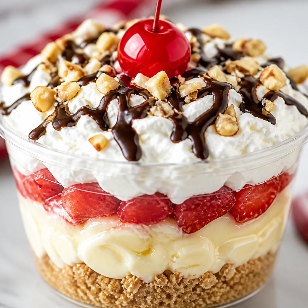No-Bake Banana Split Dessert Cups with layers of banana, pudding, and whipped cream.