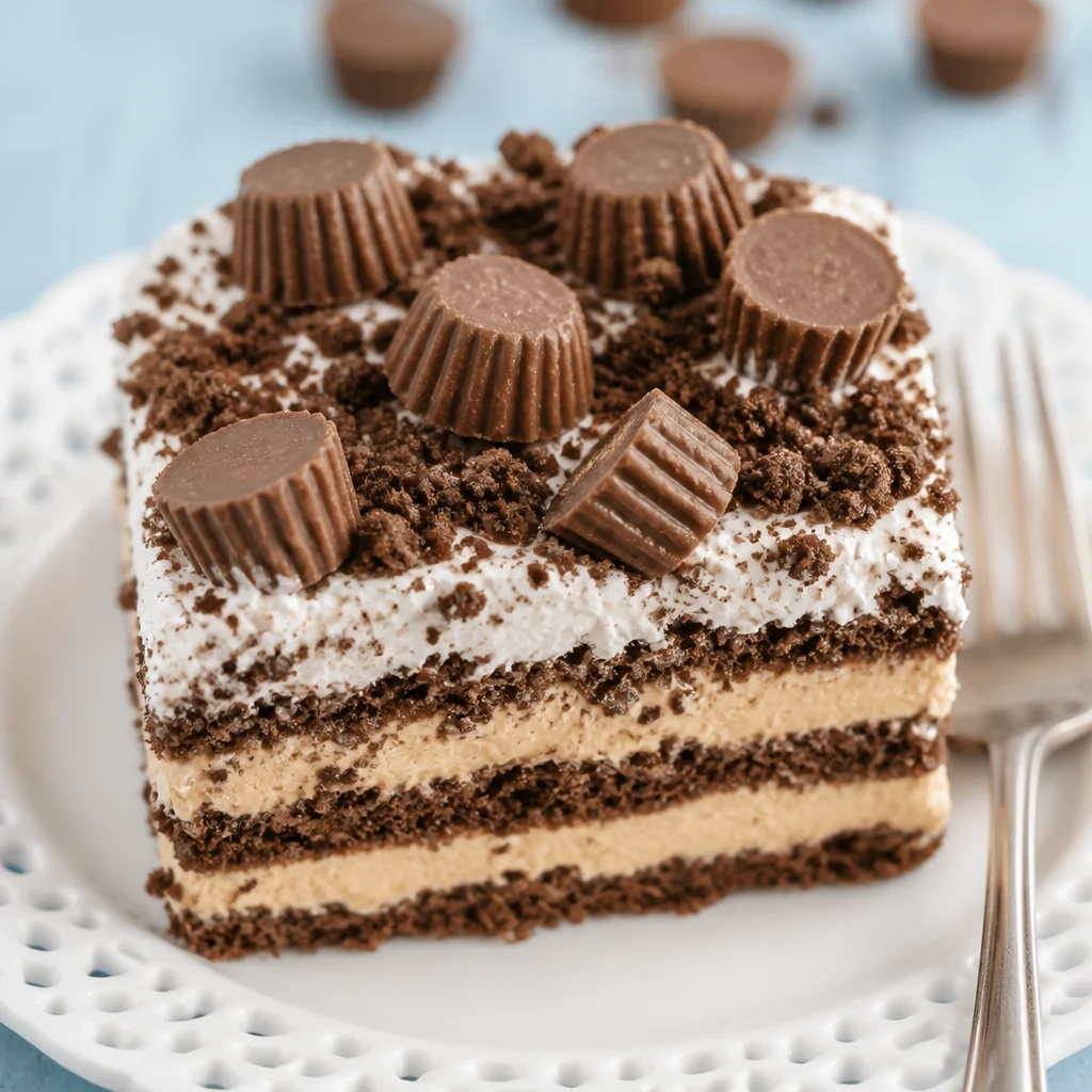 No-Bake Peanut Butter Chocolate Icebox Cake with graham crackers and whipped cream
