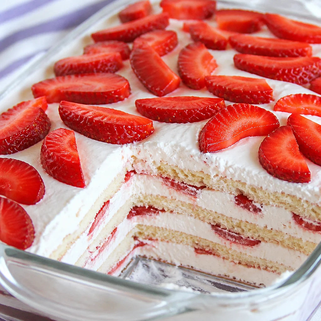 No-Bake Strawberry Icebox Cake layered with whipped cream and strawberries.