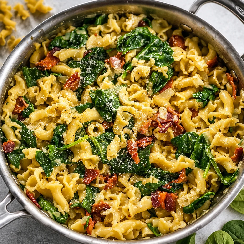 Creamy One Pan Bacon and Spinach Tortellini served with Parmesan cheese.