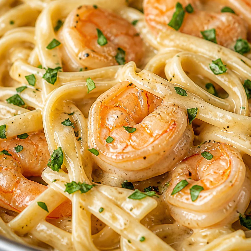 Delicious One Pan Creamy Garlic Shrimp Pasta served on a white plate.