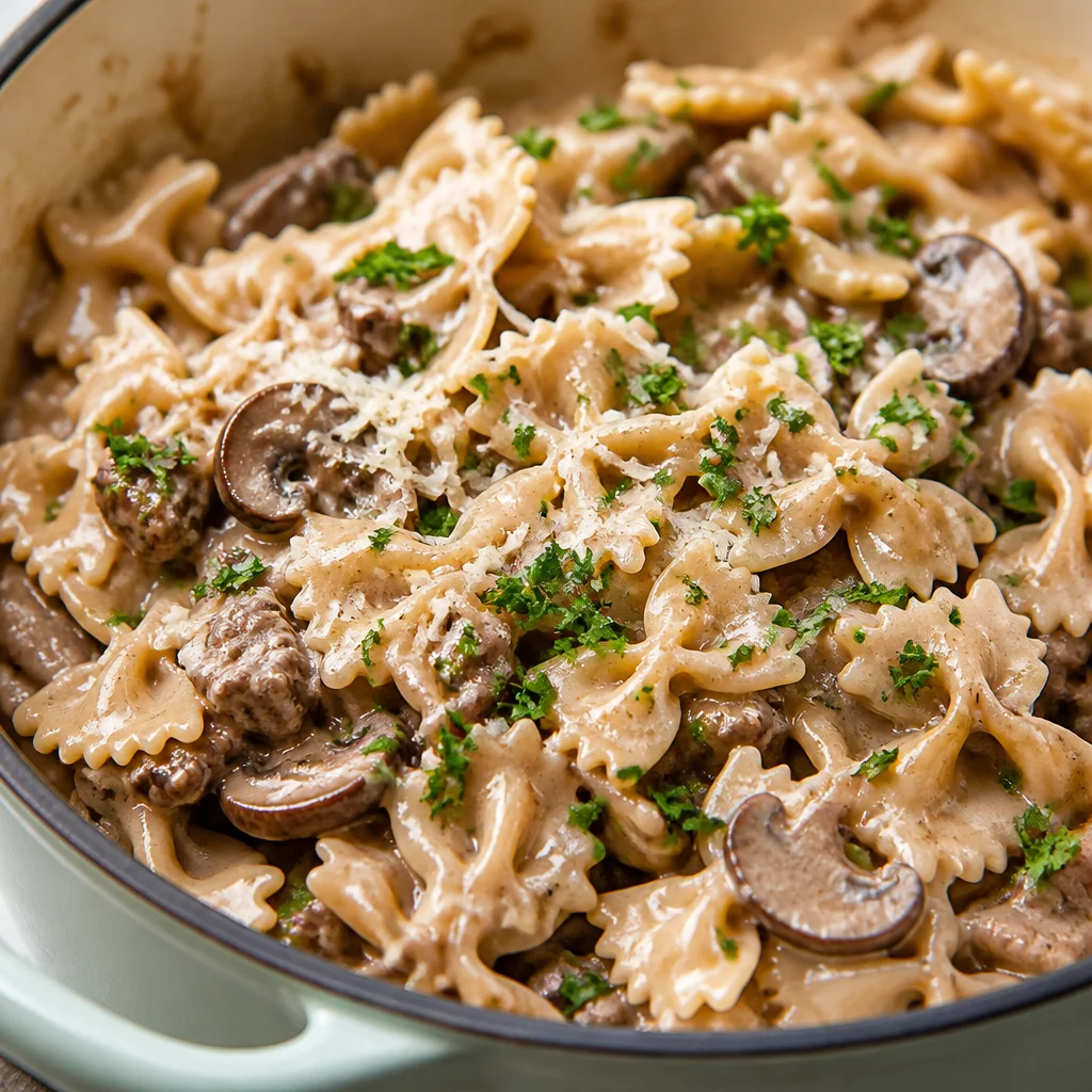 Delicious One Pan Creamy Mushroom and Beef Noodles served in a bowl.
