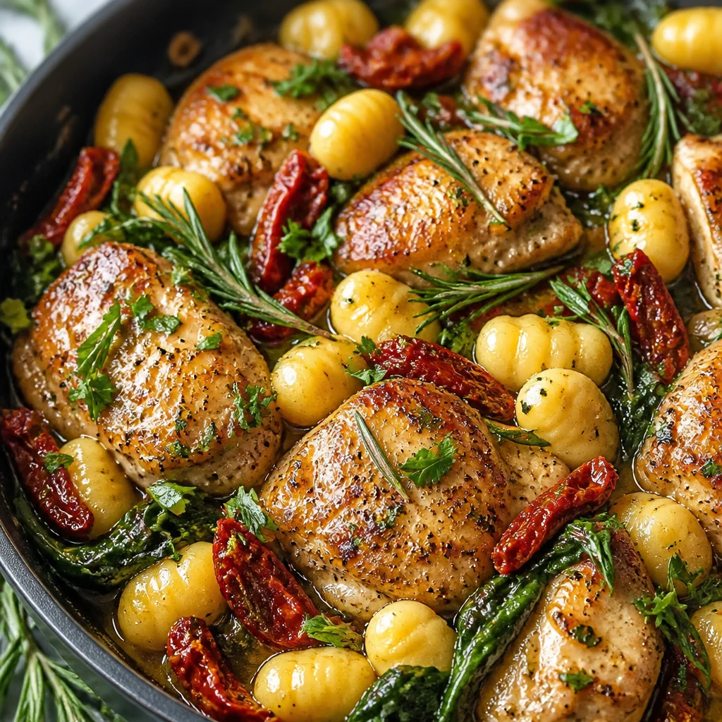 One Pan Creamy Sun-Dried Tomato Chicken Gnocchi served in a bowl, garnished with fresh herbs.