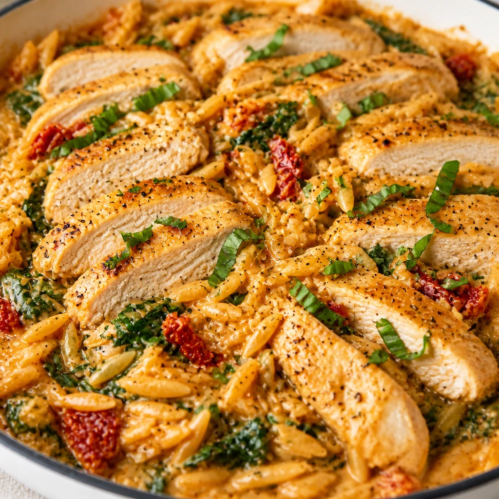 One Pan Creamy Tuscan Chicken Pasta with chicken, sun-dried tomatoes, and spinach in a creamy sauce.