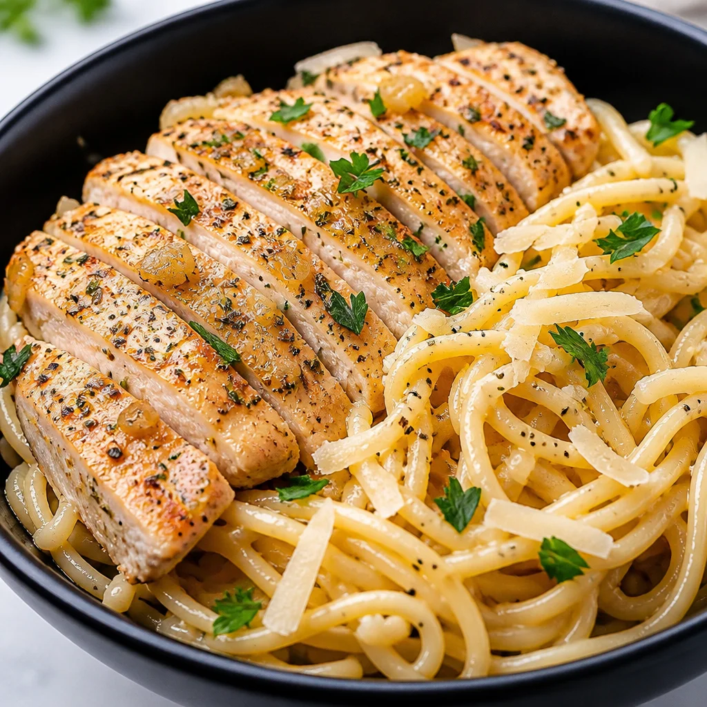 One Pan Garlic Butter Chicken served with egg noodles and herbs, garnished attractively.