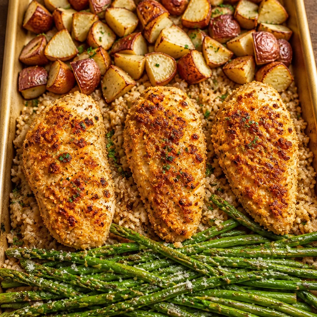 One Pan Garlic Parmesan Chicken and Asparagus Rice dish with fresh herbs and cheese.