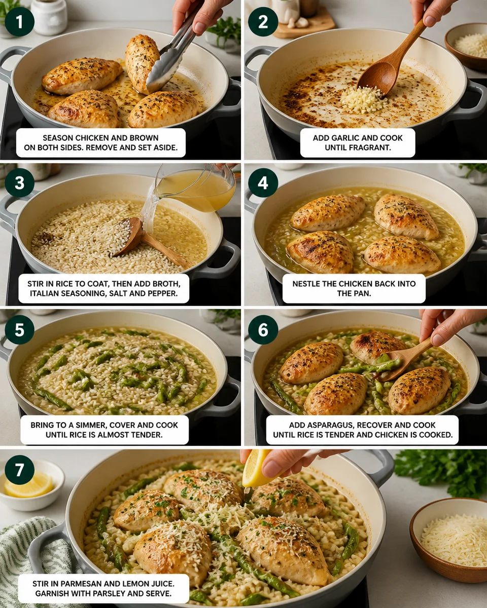 One Pan Garlic Parmesan Chicken and Asparagus Rice