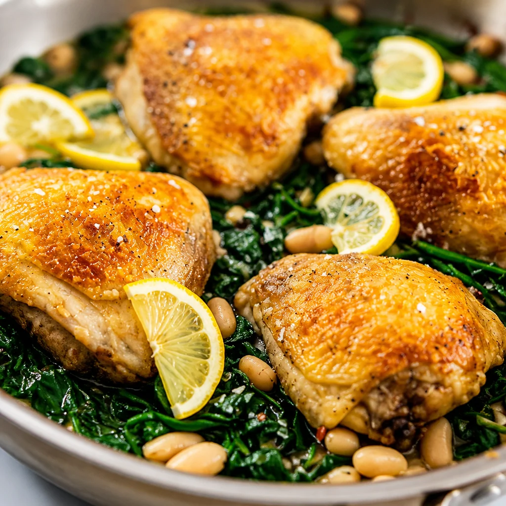 One Pan Lemon Chicken with White Beans and Spinach served in a skillet with fresh ingredients.