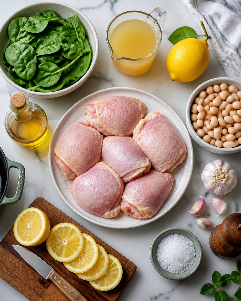 One Pan Lemon Chicken with White Beans and Spinach