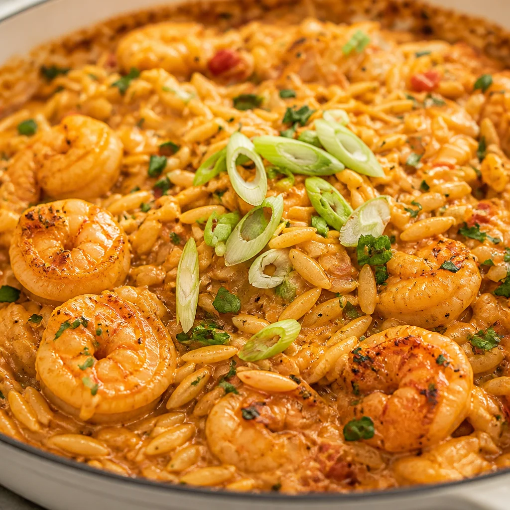 Delicious One Pan Marry Me Shrimp with Creamy Orzo in sun-dried tomato sauce