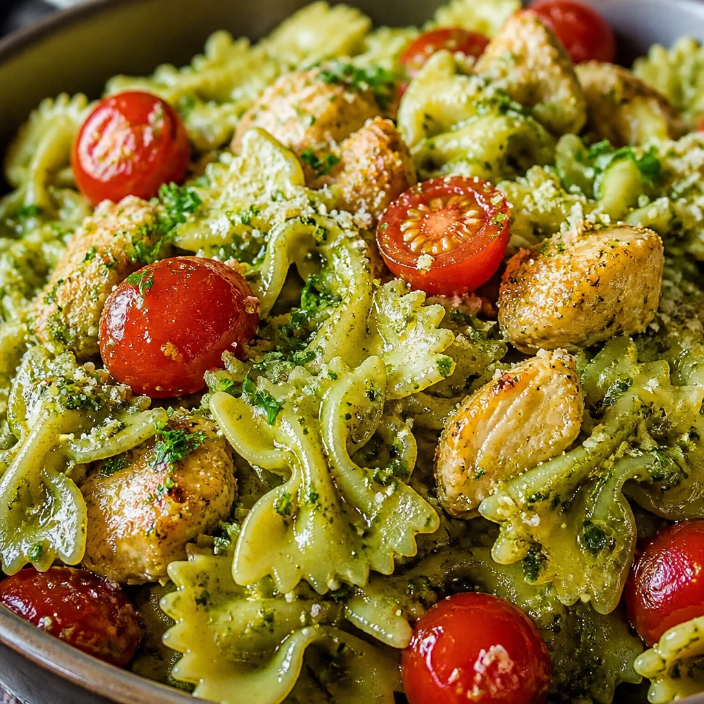 Delicious One Pan Pesto Chicken with Cherry Tomatoes and Pasta dish, garnished with cheese.