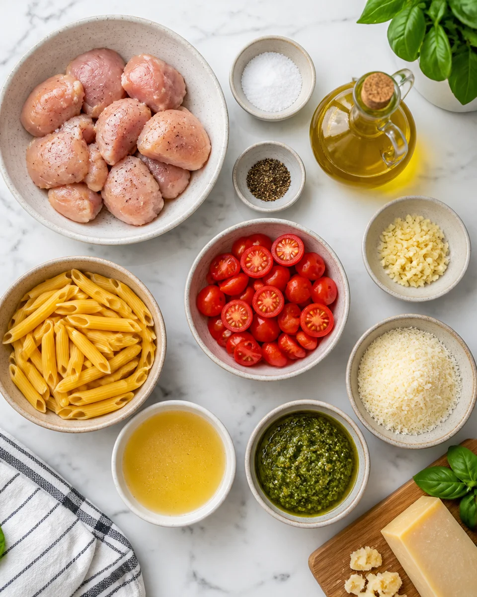 One Pan Pesto Chicken with Cherry Tomatoes and Pasta