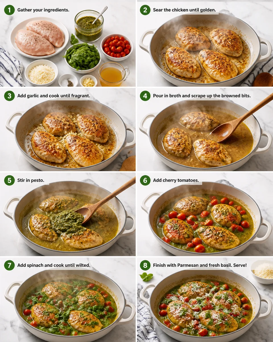 One Pan Pesto Chicken with Cherry Tomatoes and Pasta