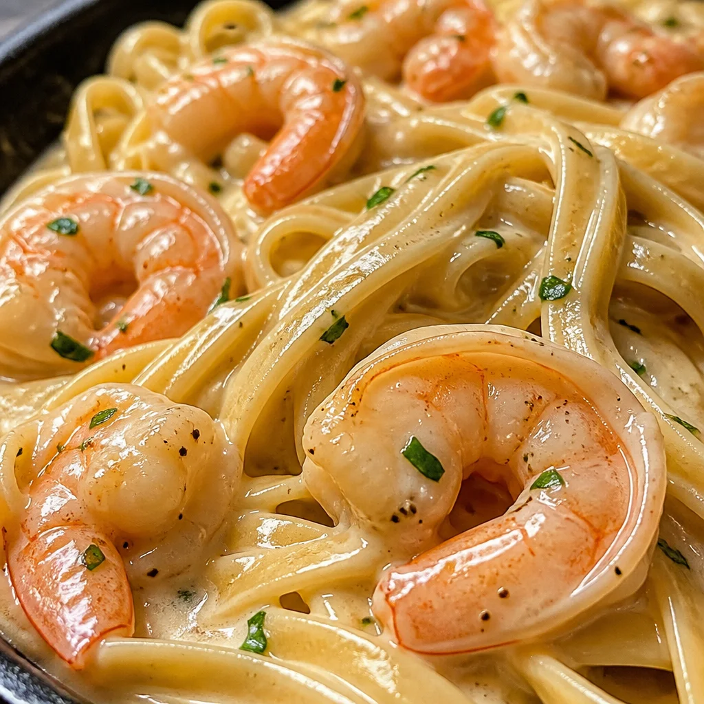 One pan shrimp fettuccine Alfredo with creamy sauce and succulent shrimp.