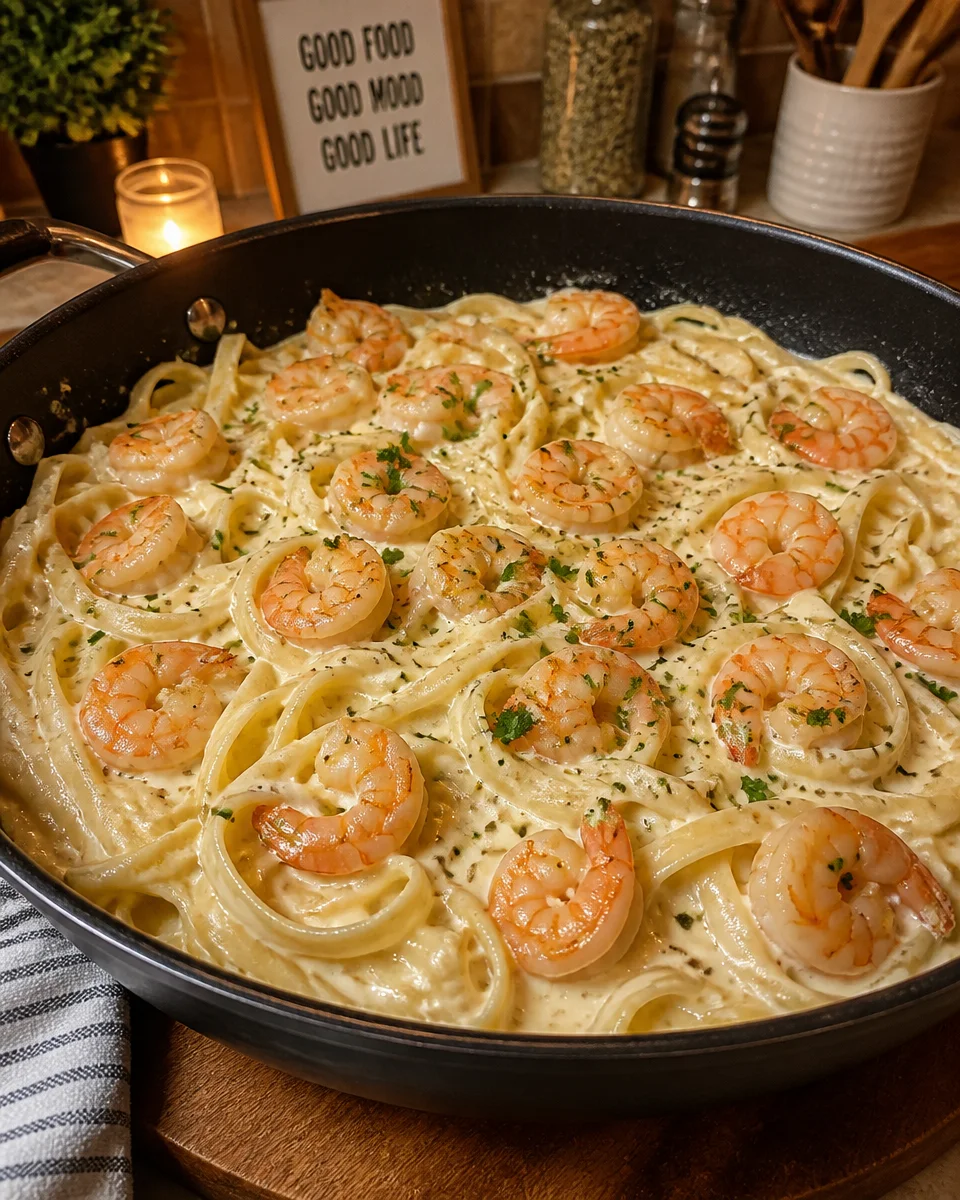 One Pan Shrimp Fettuccine Alfredo