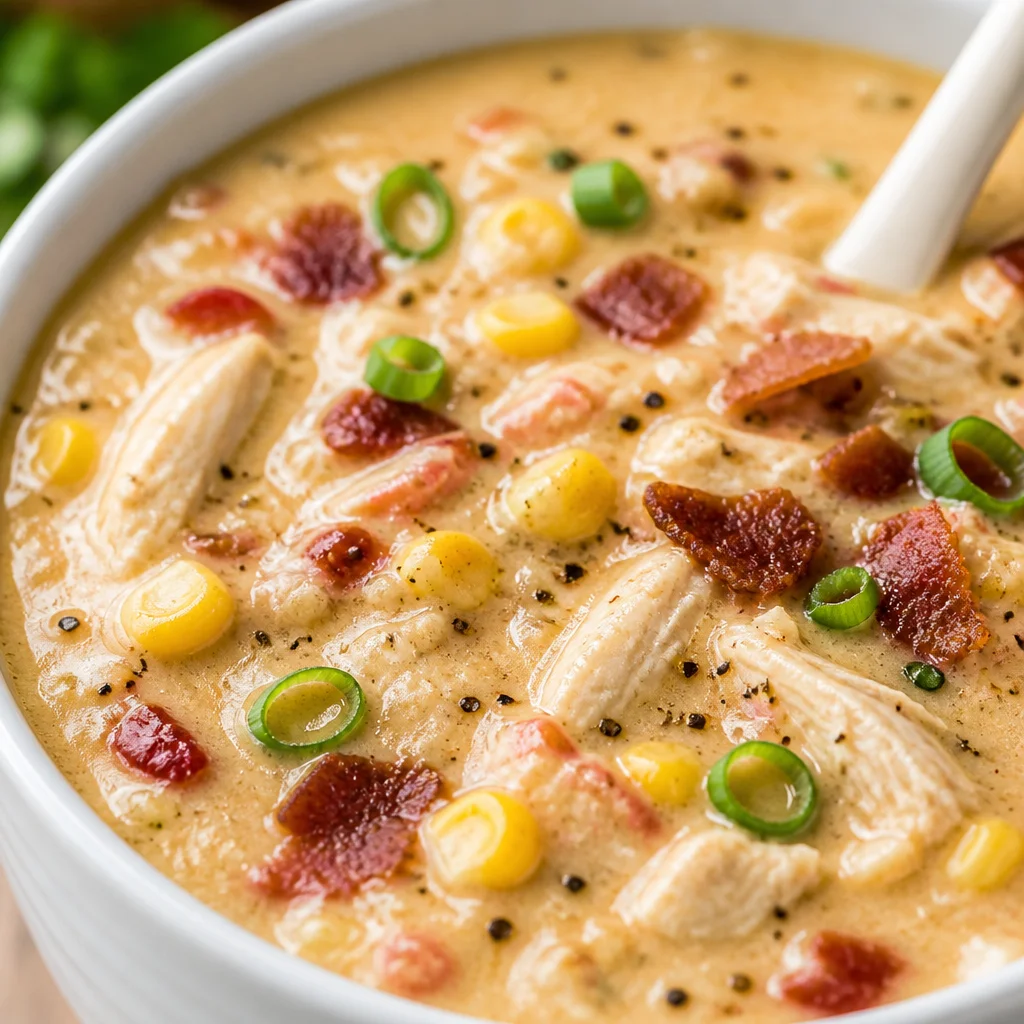 One Pot Creamy Chicken and Corn Chowder in a bowl, garnished with herbs and crispy bacon.