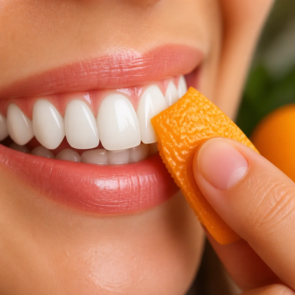 Orange peel with a tooth to illustrate natural teeth whitening effects.