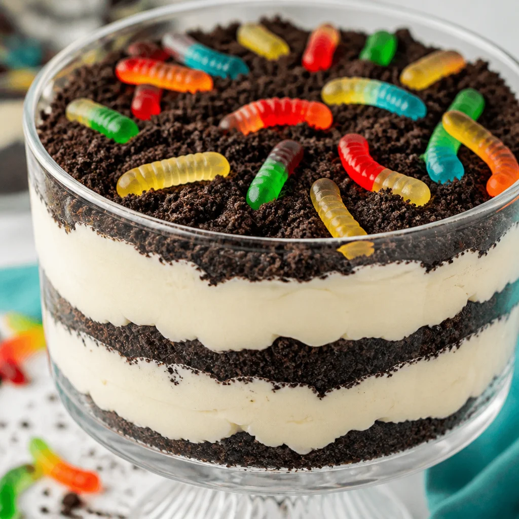 Oreo Dirt Cake with Gummy Worms layered dessert