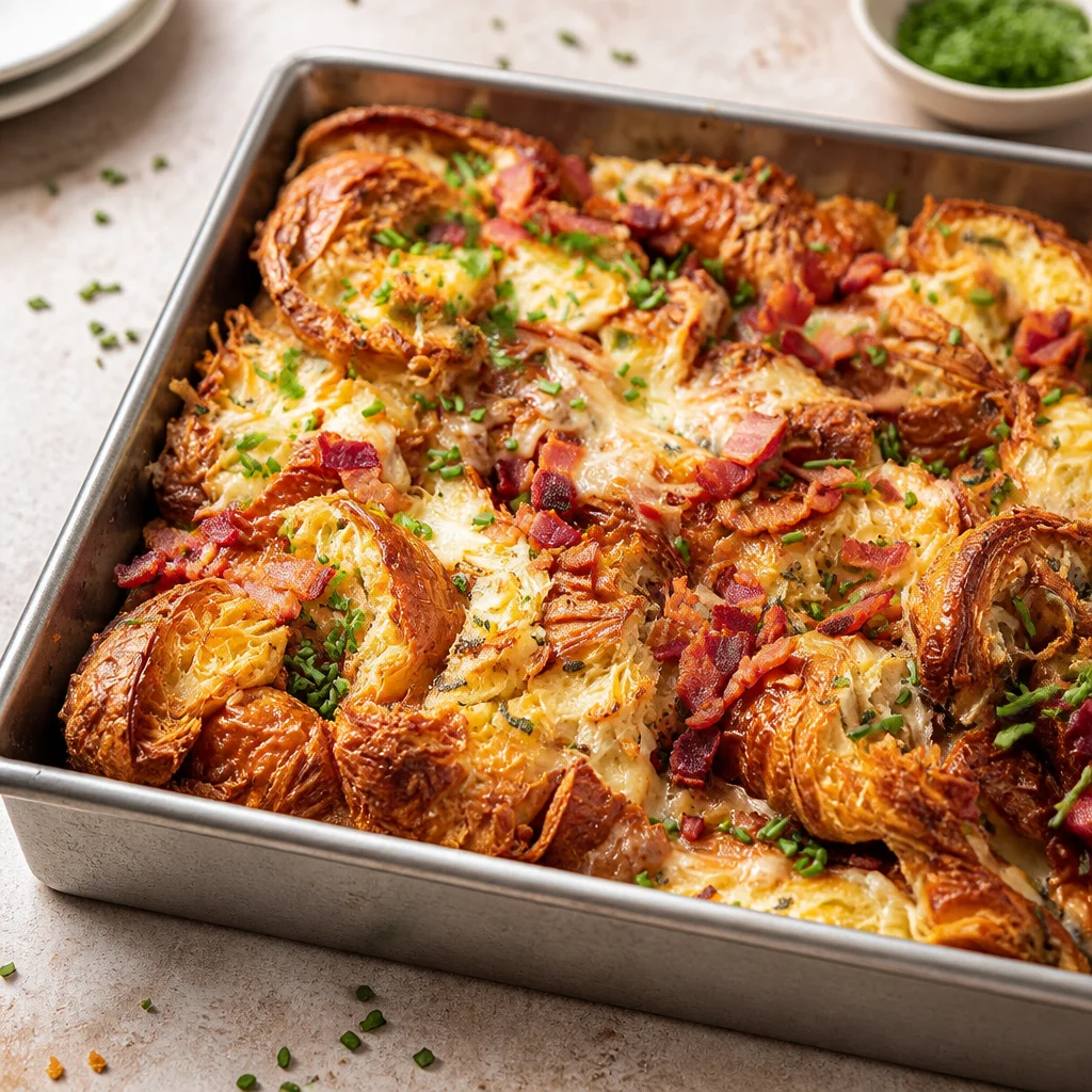 Delicious Overnight Croissant Breakfast Bake with croissants, eggs, and cheese.