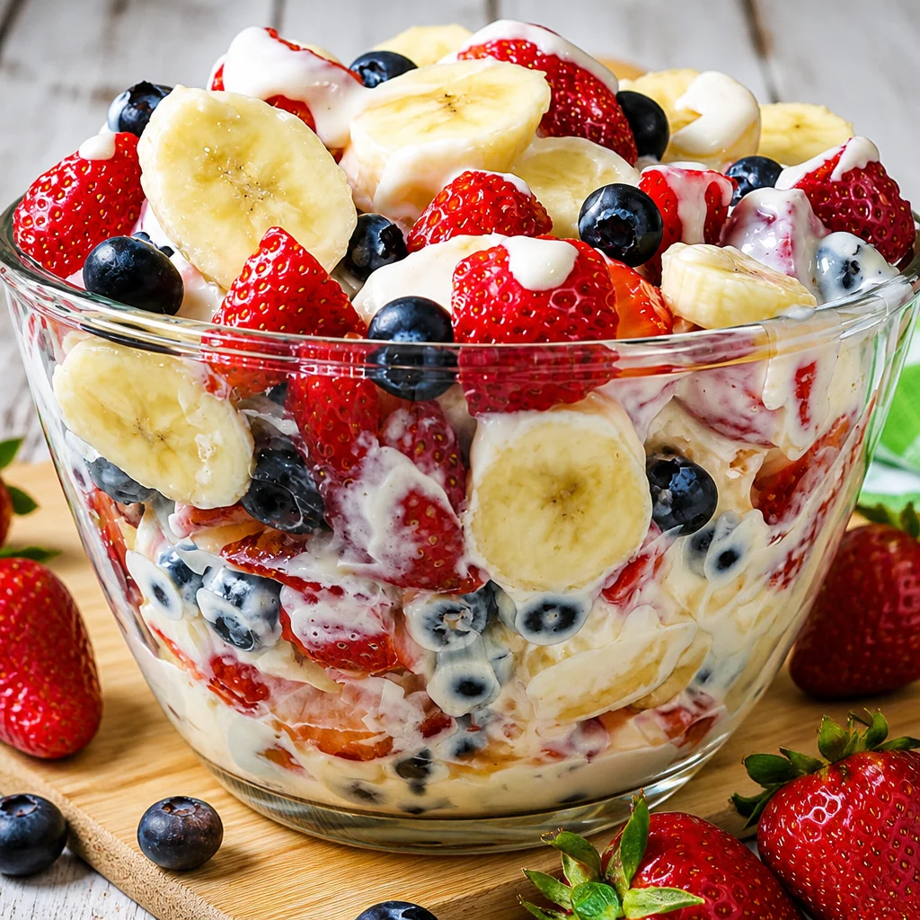 Patriotic Strawberry Blueberry Cheesecake Dip served with fresh fruit and graham crackers.