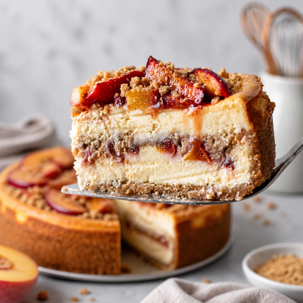 Delicious Peach Cobbler Cheesecake with Graham Crust topped with roasted peaches and crumble.