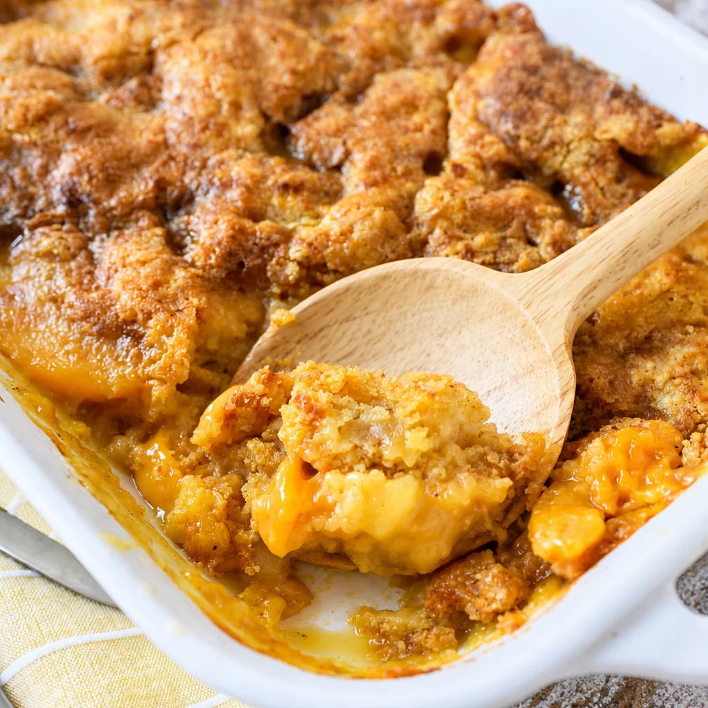 Peach Cobbler Dump Cake with Brown Sugar Crumble served in a baking dish