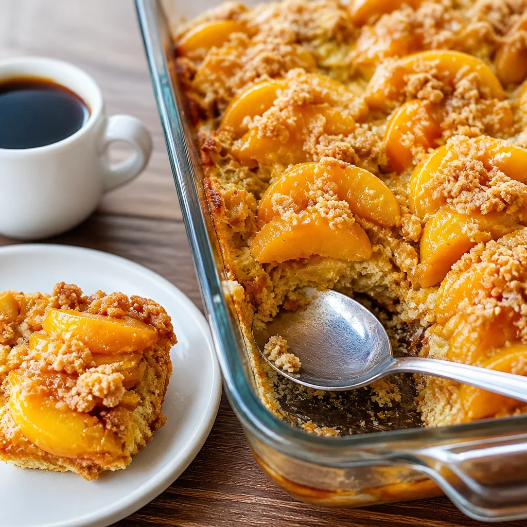 Peach French Toast Bake with Brown Sugar served on a platter