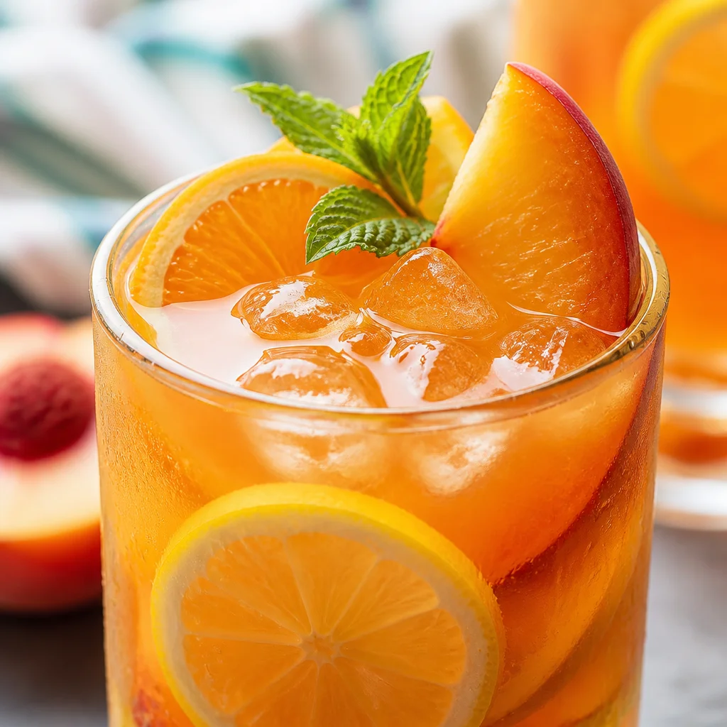 A refreshing glass of Peach Iced Tea Lemonade with fresh peaches and ice.