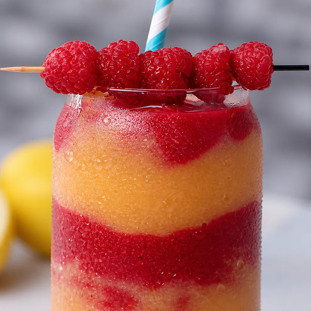 Chilled Peach Raspberry Lemonade Slush in a glass, garnished with fresh fruit.