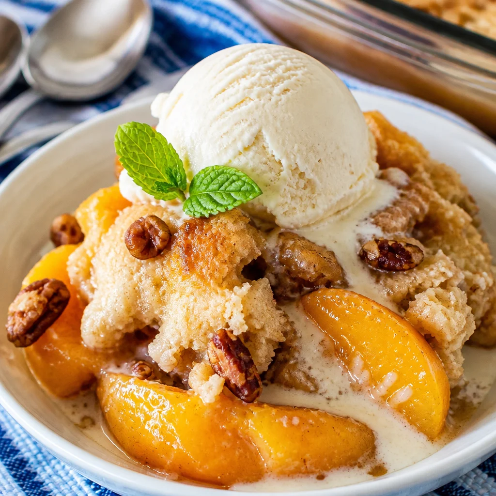 Delicious Peaches and Cream Dump Cake served warm with vanilla ice cream.