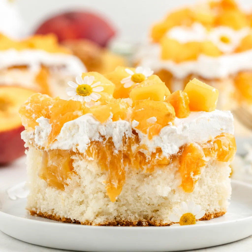 Delicious Peaches and Cream Poke Cake topped with fresh peaches and whipped cream.