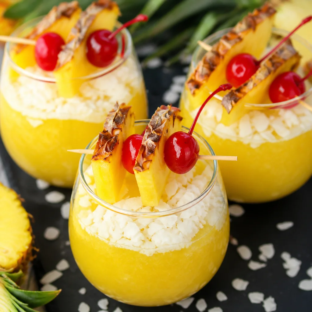 Pineapple Coconut Sparkling Punch served in a glass with garnishes and fresh fruit.