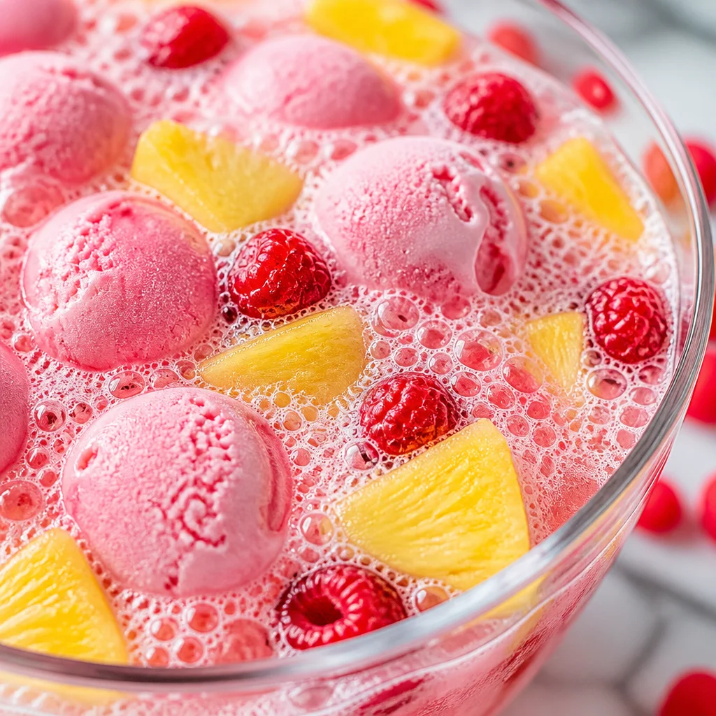 Refreshing Pink Lemonade Punch with Raspberry Sherbet in a punch bowl.