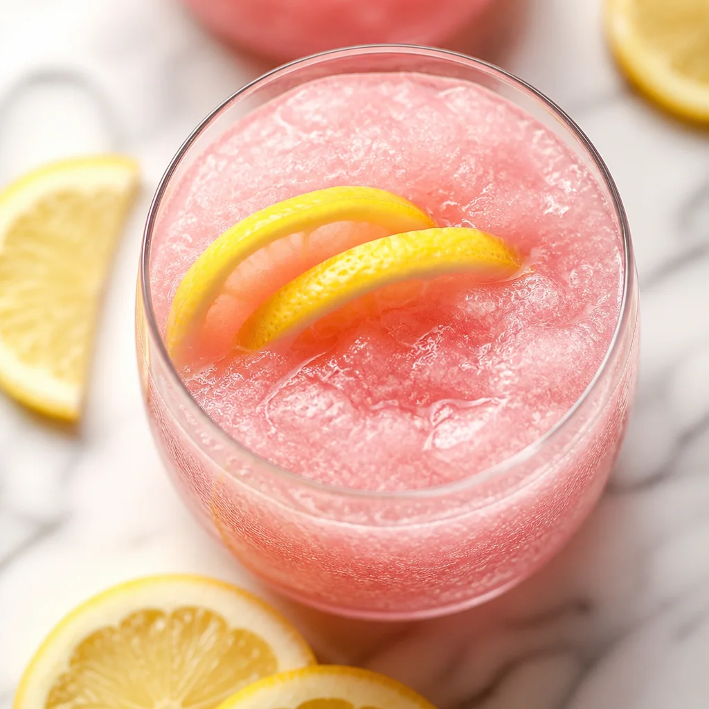 Refreshing Pink Strawberry Lemonade Slush in a glass with garnishes.