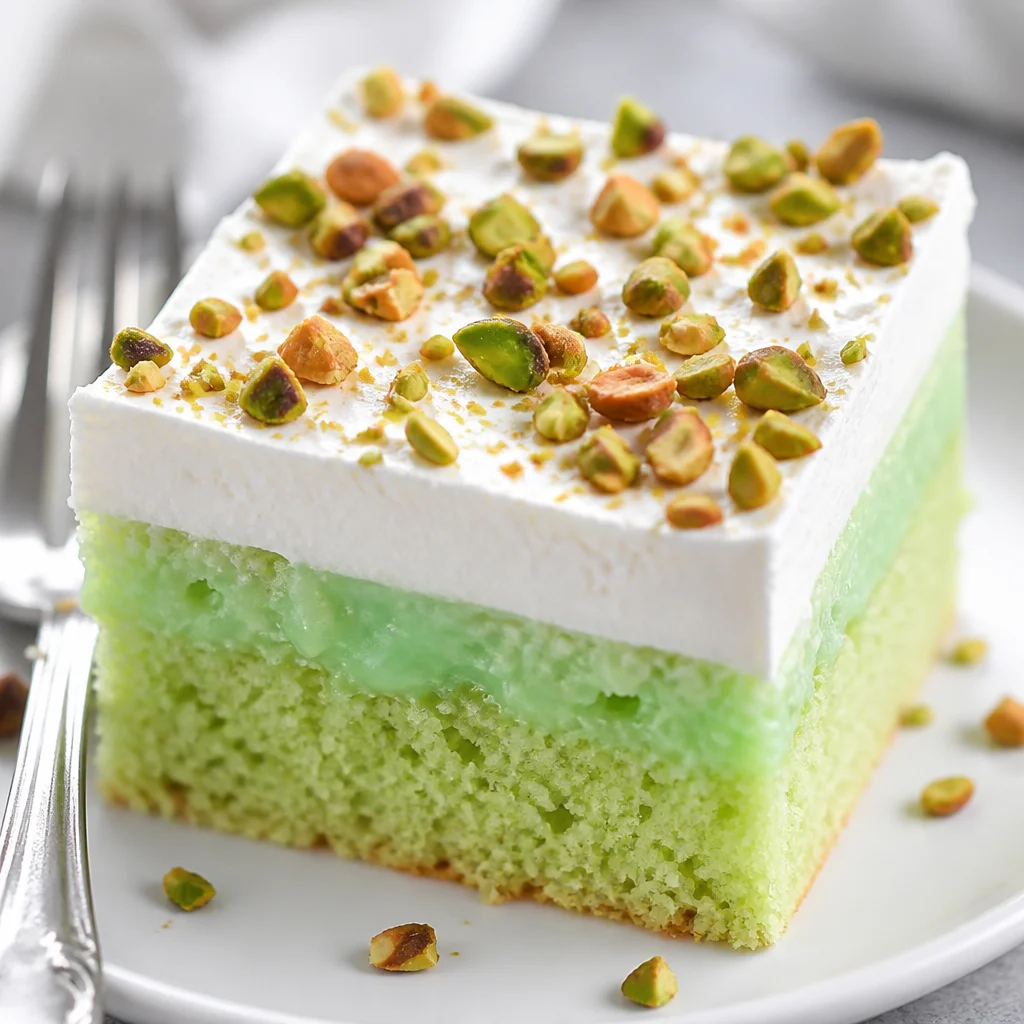 Pistachio Pudding Poke Cake topped with fluffy whipped cream and pistachios.