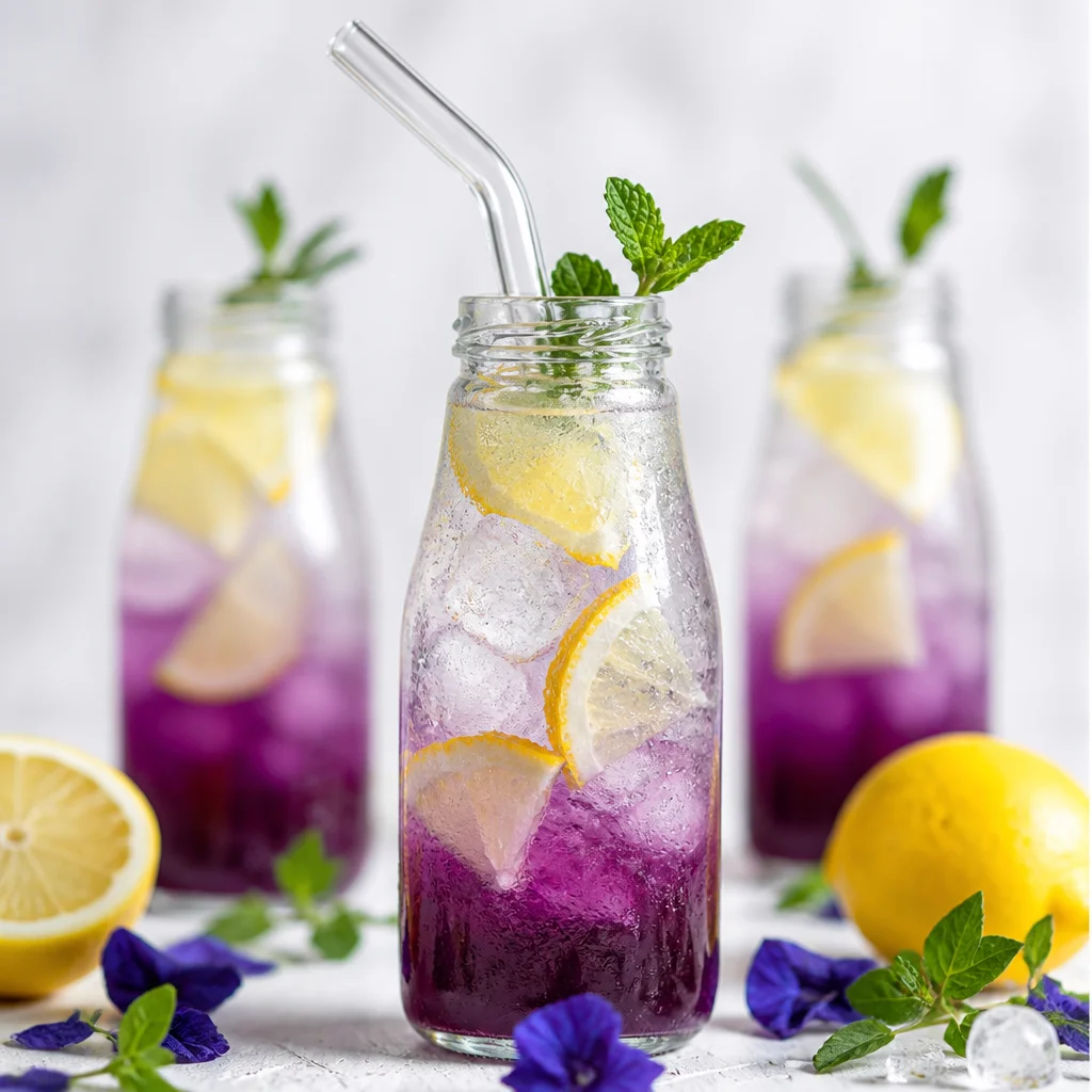 Glass of purple lemonade made with butterfly pea flower, showcasing color transformation.