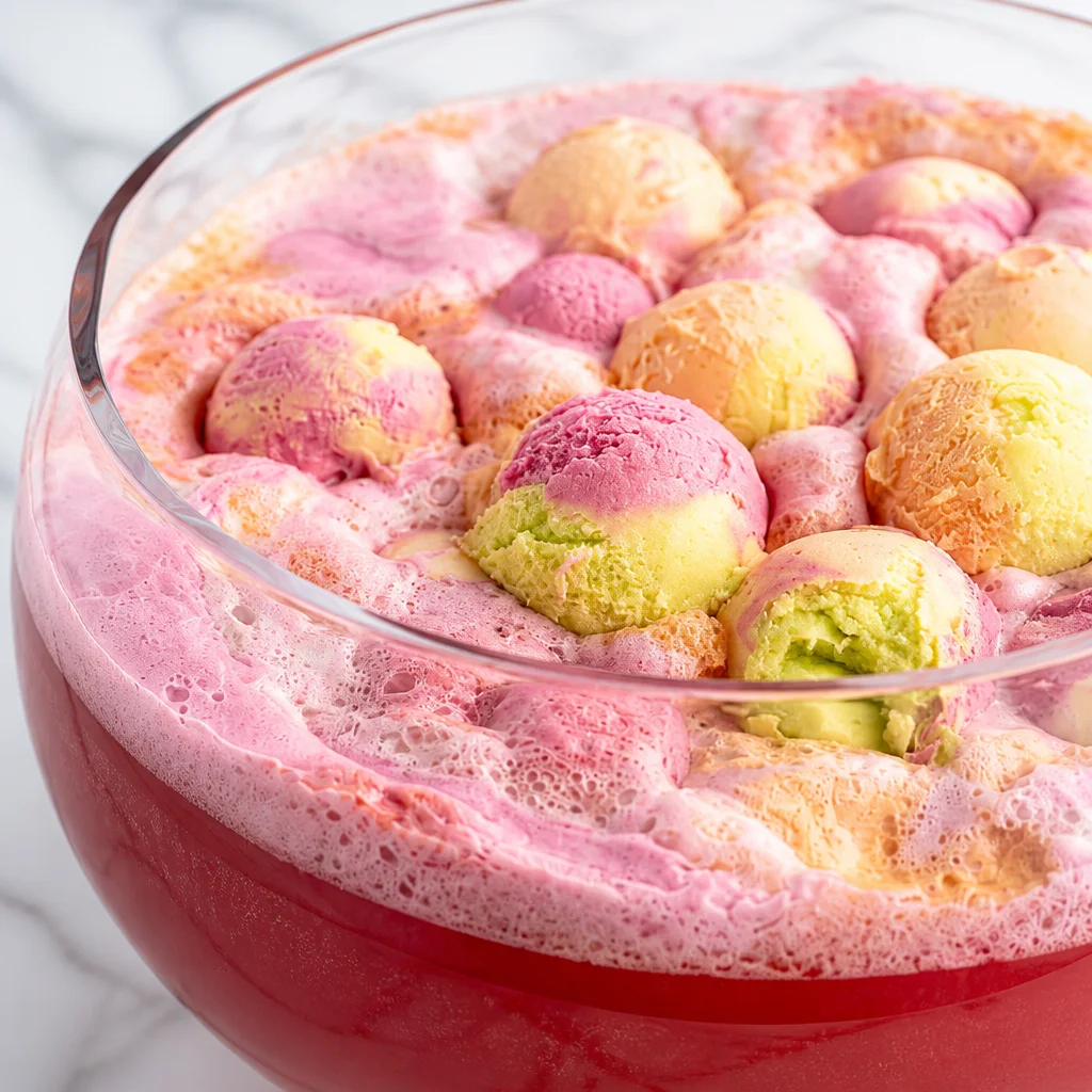 Colorful Rainbow Sherbet Punch Bowl filled with fruity flavors and ice cream.