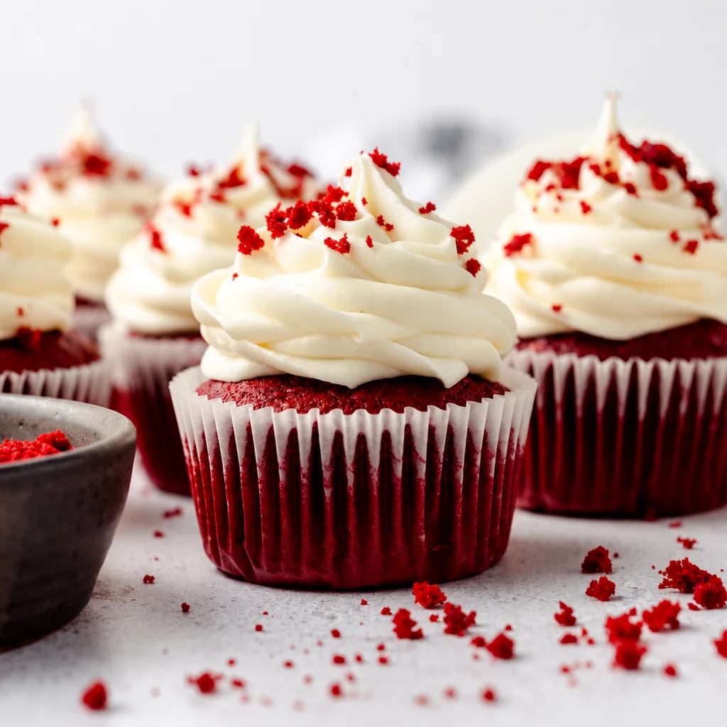 Red Velvet Heaven Cupcakes topped with creamy cream cheese frosting.