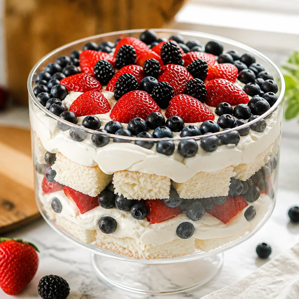 A colorful Red White and Blue Trifle with Fresh Berries layered in a glass dish.