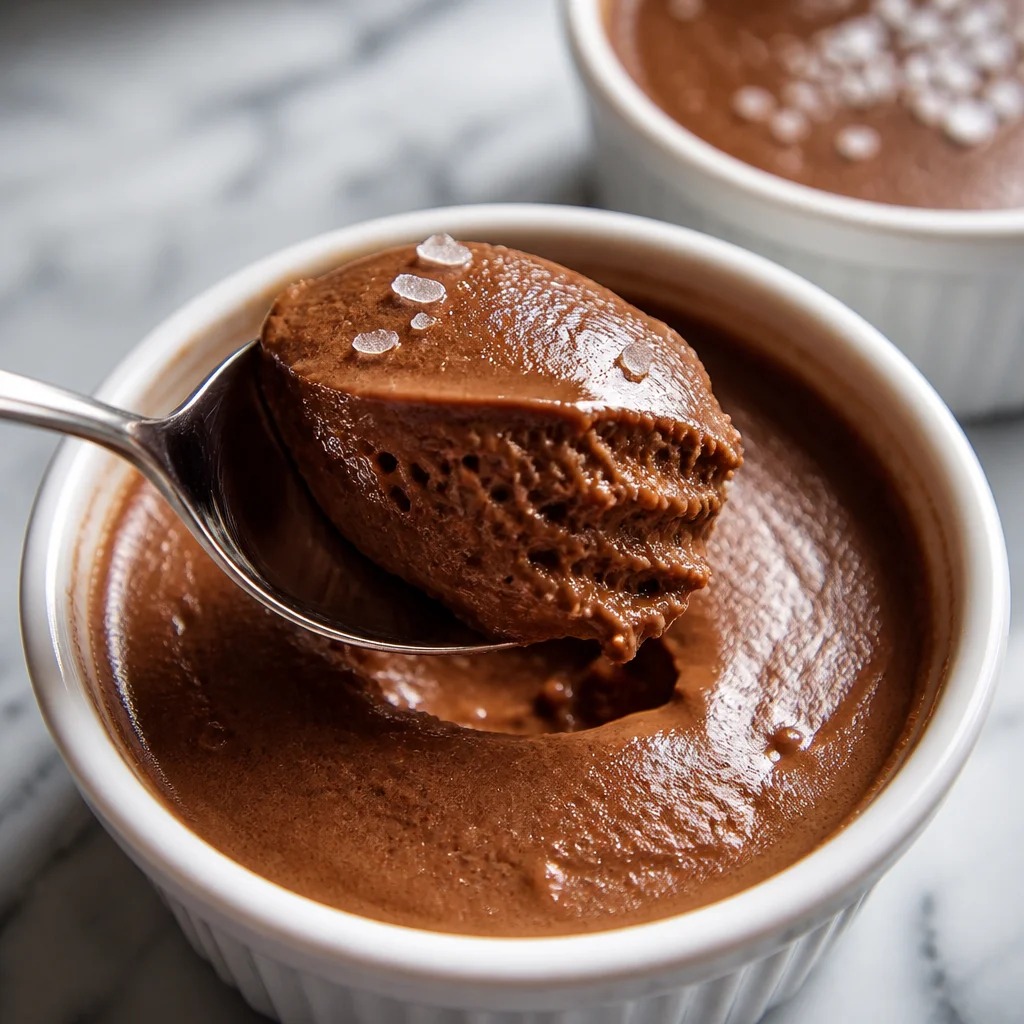 Delicious Salted Caramel Chocolate Mousse topped with flaky sea salt.