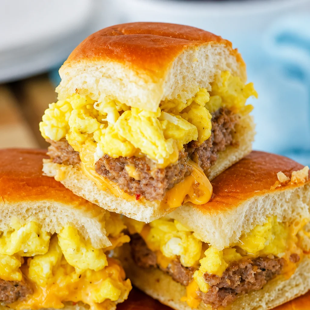 Delicious Sausage Egg and Cheese Breakfast Sliders topped with maple glaze.