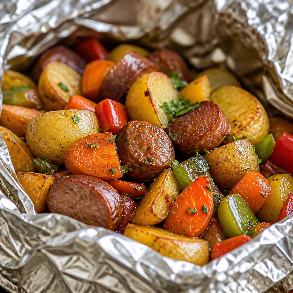 Sausage Potato and Pepper Foil Packets cooked until tender and flavored with olive oil.