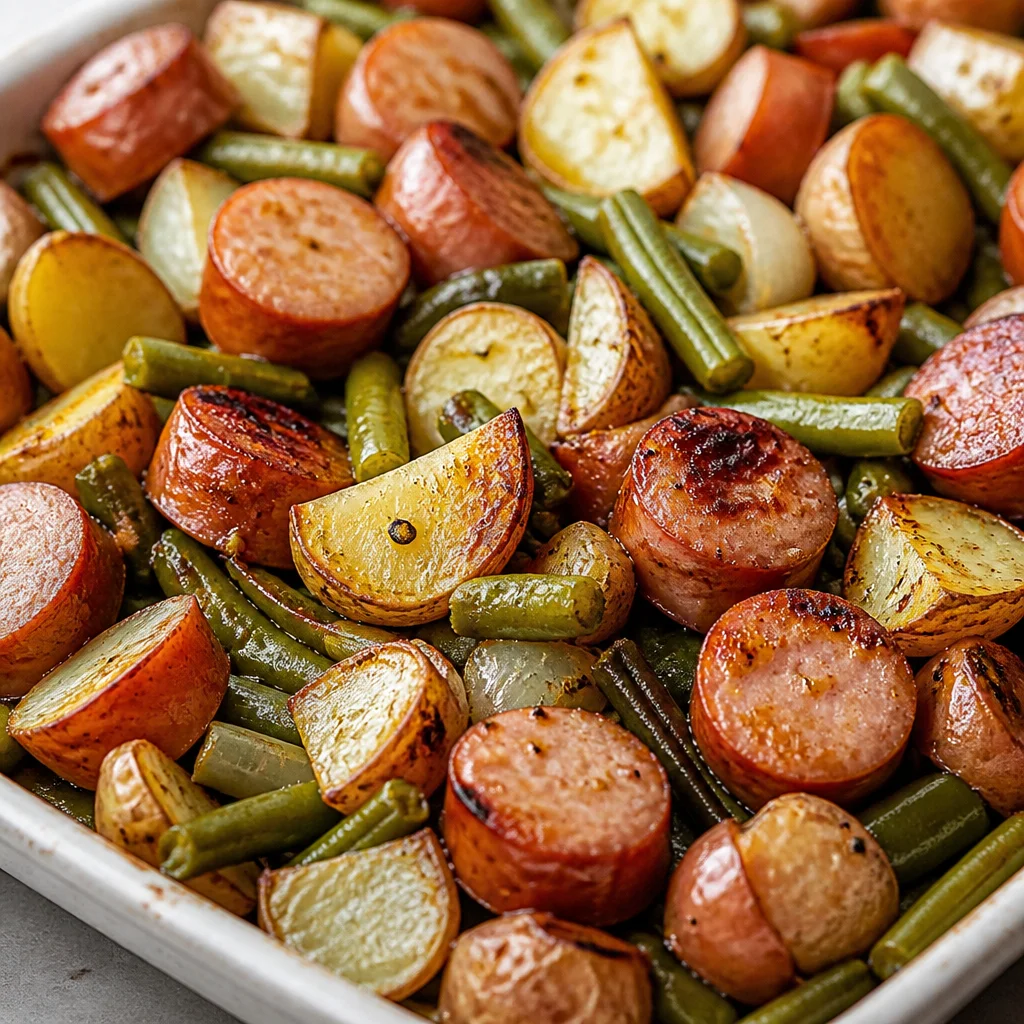 Sheet Pan Sausage Green Beans and Potatoes dish ready to serve in 30 minutes.