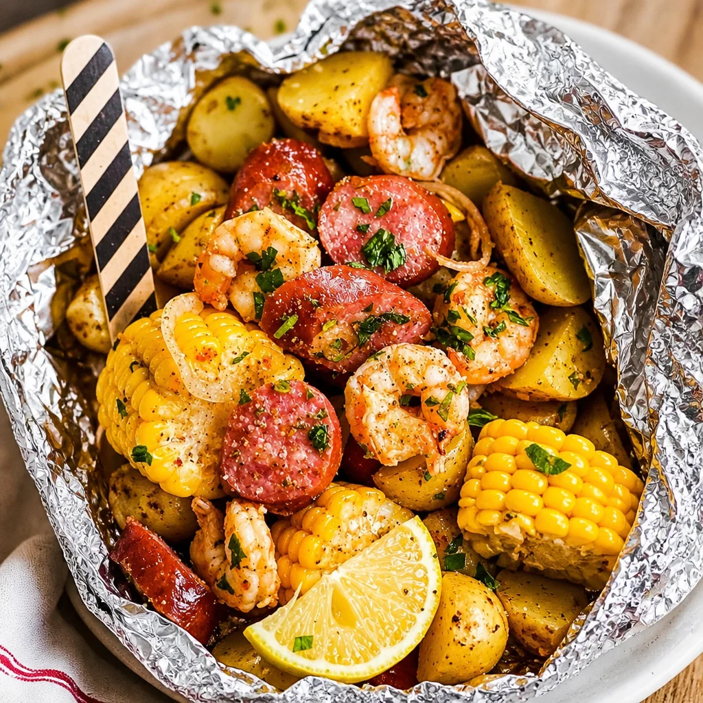 Shrimp and Sausage Cajun Foil Packets with corn and vegetables ready for grilling