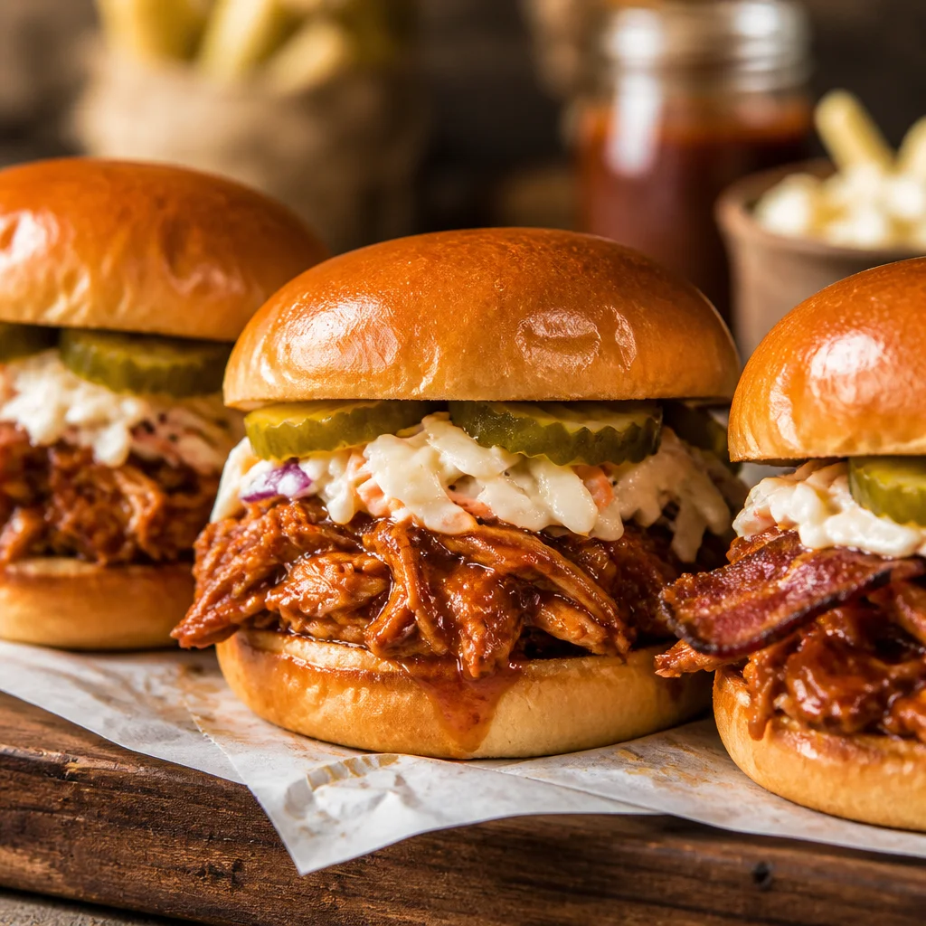 Slow Cooker BBQ Pulled Chicken Sandwiches with coleslaw and fries on the side