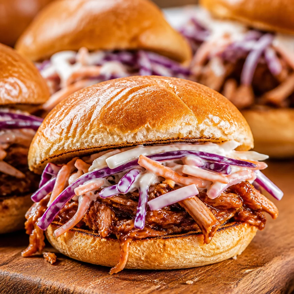 Slow Cooker BBQ Pulled Pork Sliders served on toasted Hawaiian rolls with coleslaw